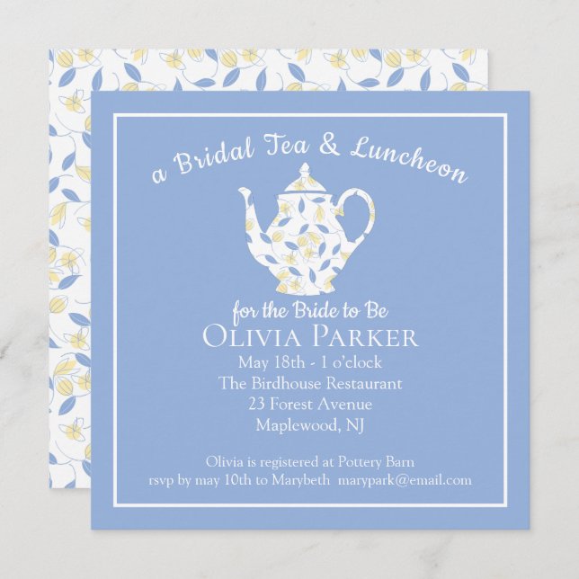 Bridal Shower Tea and Luncheon Teapot Invitation (Front/Back)