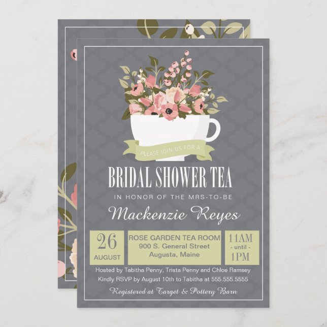 Bridal Shower Tea Invitation, Sage Green & Pink Invitation (Front/Back)