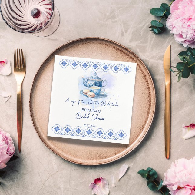 Bridal shower tea party blue tiles tea pot napkin (Something blue bridal shower napkins blue tiles tea pot tea party bridal shower napkins)