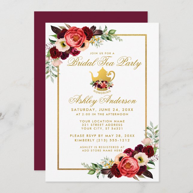 Bridal Shower Tea Party Burgundy Boho Floral Gold Invitation (Front/Back)