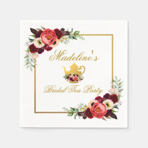 Bridal Shower Tea Party Burgundy Boho Floral Gold Napkin