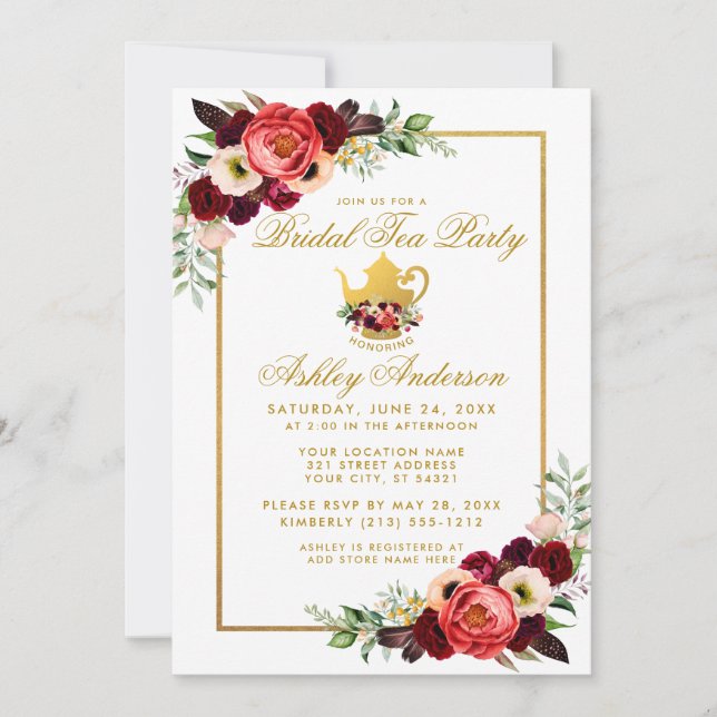 Bridal Shower Tea Party Burgundy Gold Boho Floral Invitation (Front)