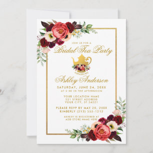 Bridal Shower Tea Party Burgundy Gold Boho Floral Invitation