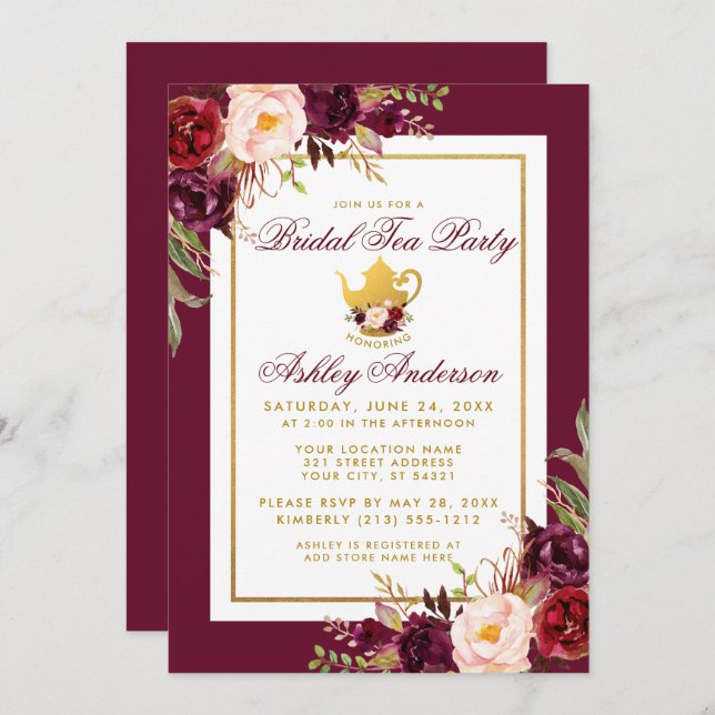 Bridal Shower Tea Party Burgundy Gold Invite B (Front/Back)
