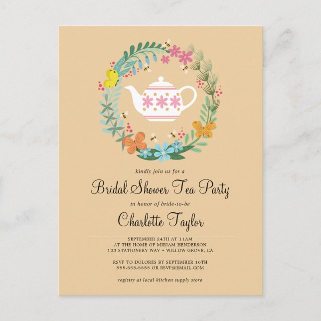 Bridal Shower Tea Party Floral Butterfly Wreath  Invitation Postcard (Front)