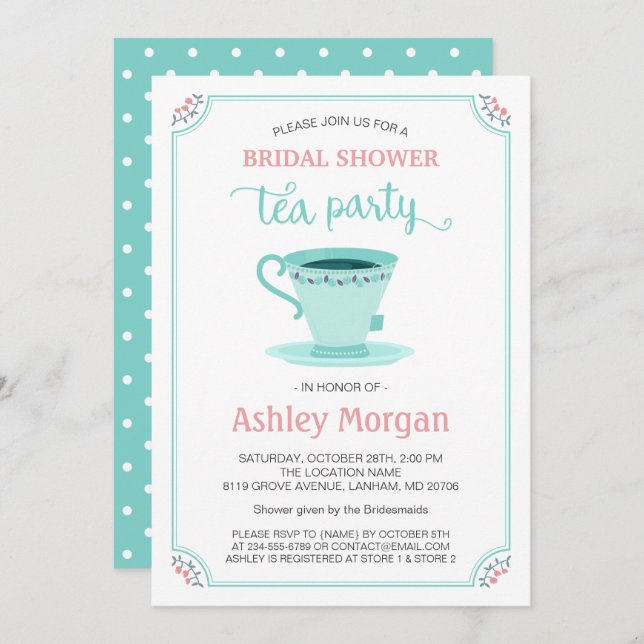 Bridal Shower Tea Party Floral Light Pink Mint Invitation (Front/Back)