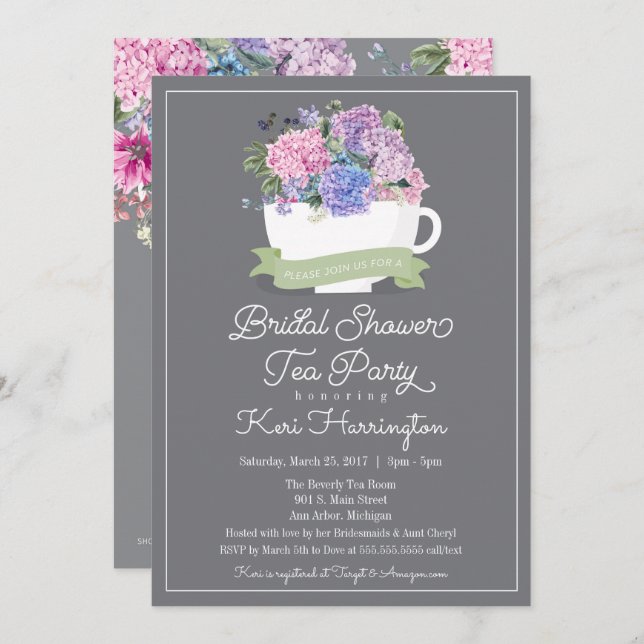Bridal Shower Tea Party Invitation and Hydrangeas (Front/Back)