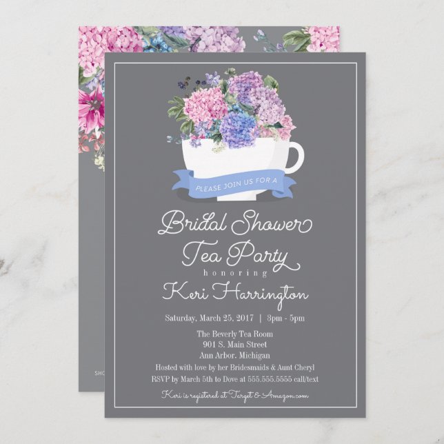 Bridal Shower Tea Party Invitation Blue Hydrangea (Front/Back)
