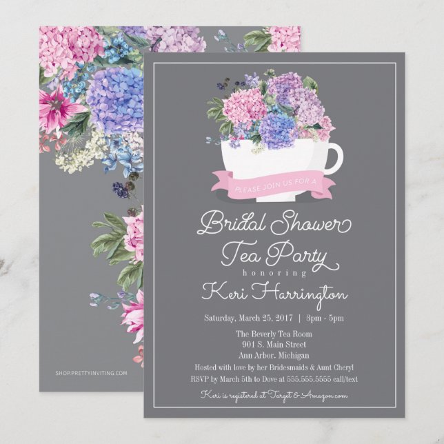 Bridal Shower Tea Party Invitation Pink Hydrangea (Front/Back)