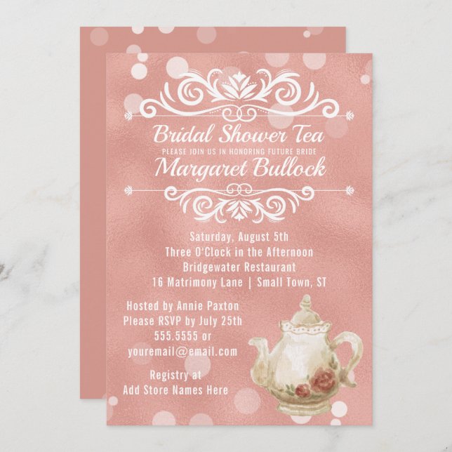 Bridal Shower Tea Party Invitation Rose Gold (Front/Back)