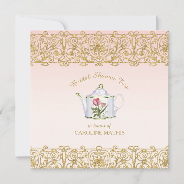 Bridal Shower Tea Party Luncheon Pink Gold Glitter Invitation (Front)