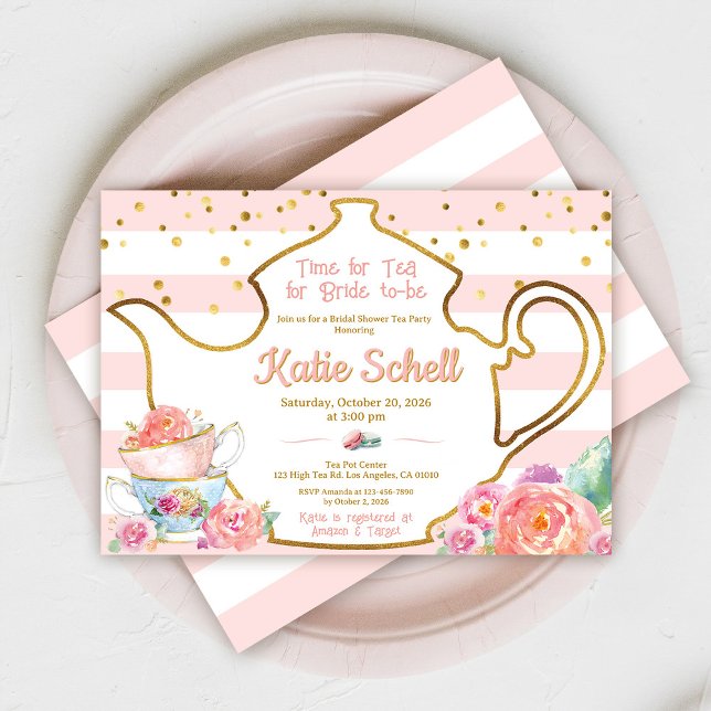 Bridal Shower Tea Party Pink And Gold Floral Invitation (Creator Uploaded)