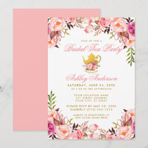 Bridal Shower Tea Party Pink Floral Gold Invitation