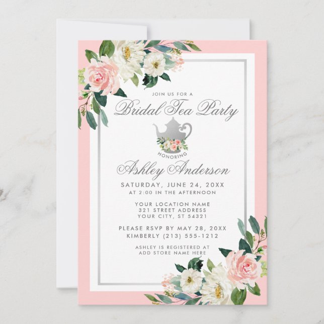 Bridal Shower Tea Party Pink Floral Silver Invite (Front)