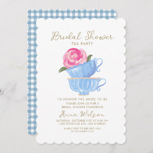 Bridal Shower Tea Party Pink Roses Blue Cups Invitation