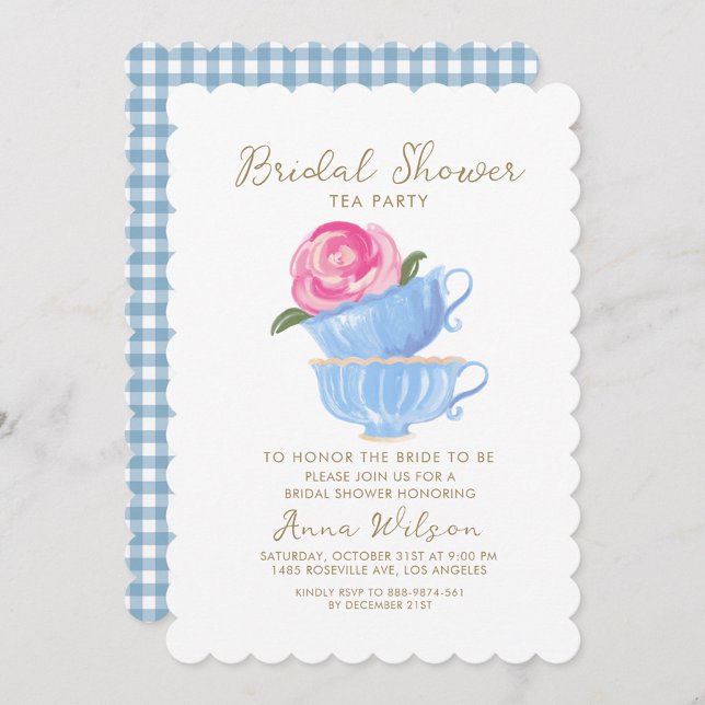 Bridal Shower Tea Party Pink Roses Blue Cups Invitation (Creator Uploaded)