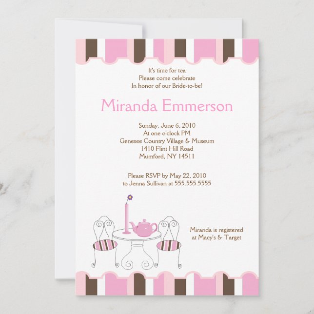 Bridal Shower Tea Party Pink Stripe 5x7 Invitation (Front)