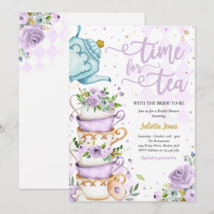 Bridal Shower Tea Party Purple And Gold Floral Invitation