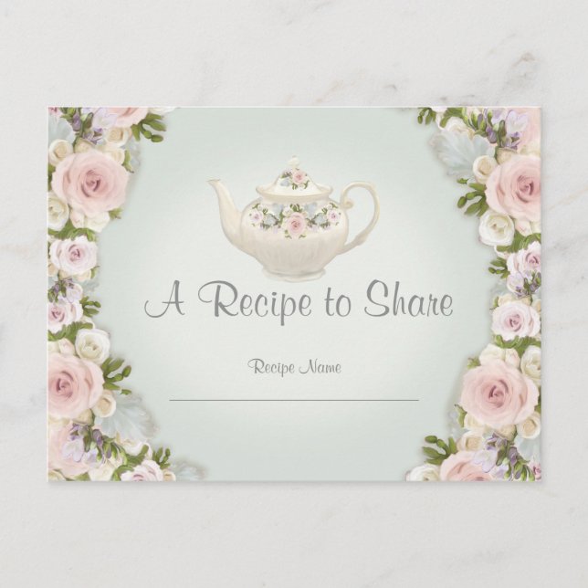 Bridal Shower Tea Party Recipe Rose Floral Mint Postcard (Front)