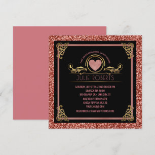 Bridal Shower Tea Party Rose Gold Heart Glitter Invitation
