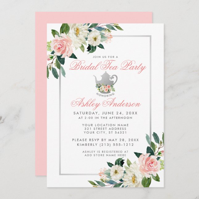 Bridal Shower Tea Party Silver Floral Pink Invite (Front/Back)