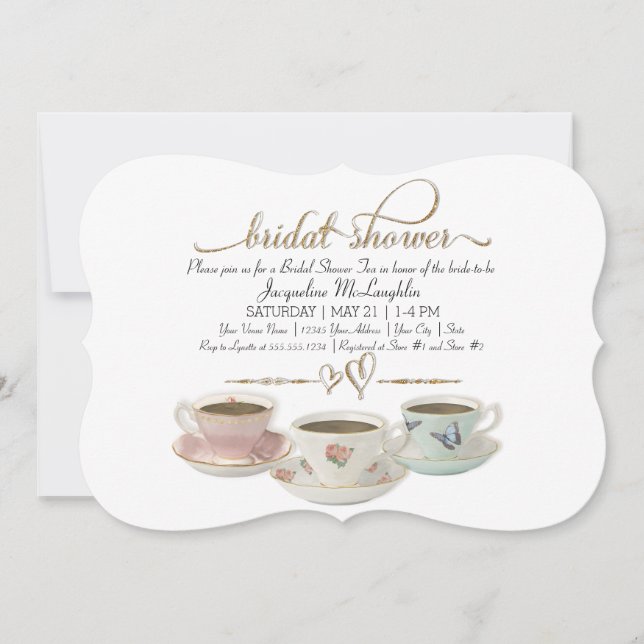 Bridal Shower Tea Party Teacup Gold Glitter Modern Invitation (Front)