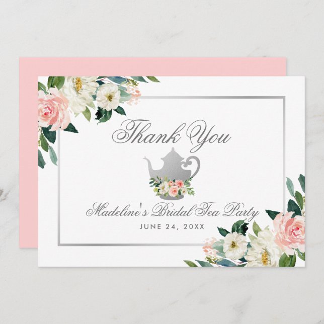 Bridal Shower Tea Party Thanks Pink Floral Silver Invitation (Front/Back)