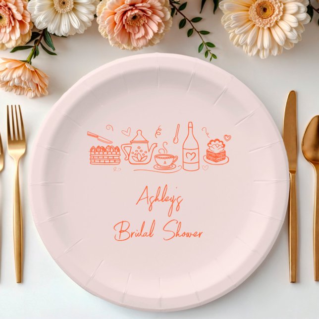 Bridal Shower Tea Theme Whimsical Doodle Paper Plate (Creator Uploaded)