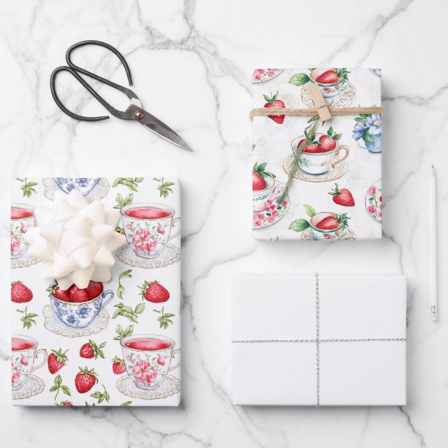 Bridal Shower Tea Two Strawberry One Solid Colour Wrapping Paper Sheet (Front)