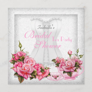 Bridal Shower Tea Wedding Pretty Pink Rose Bouquet Invitation