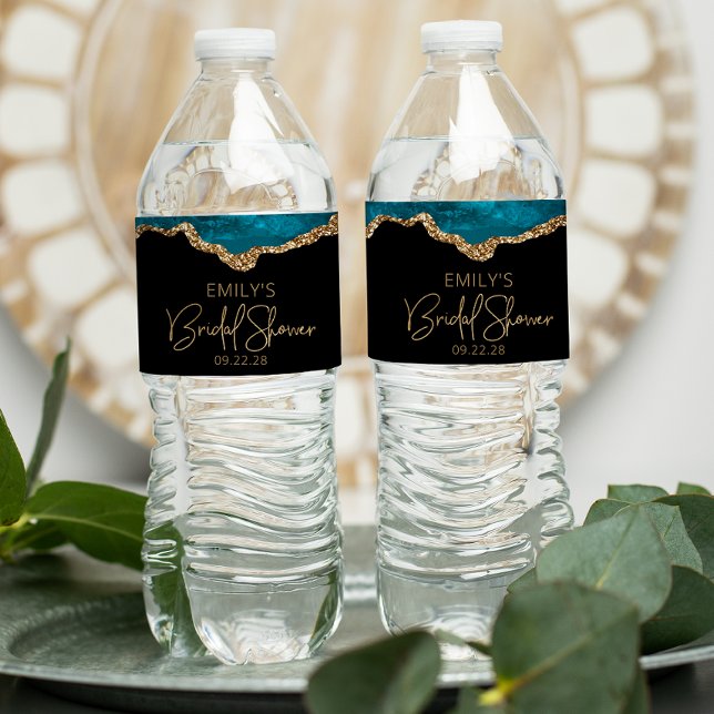 Bridal Shower Teal Gold Agate Water Bottle Label (Creator Uploaded)