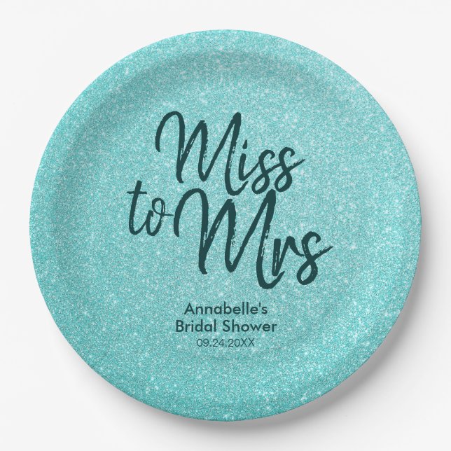 Bridal Shower Teal Green Glitter Chic Miss to Mrs Paper Plate (Front)