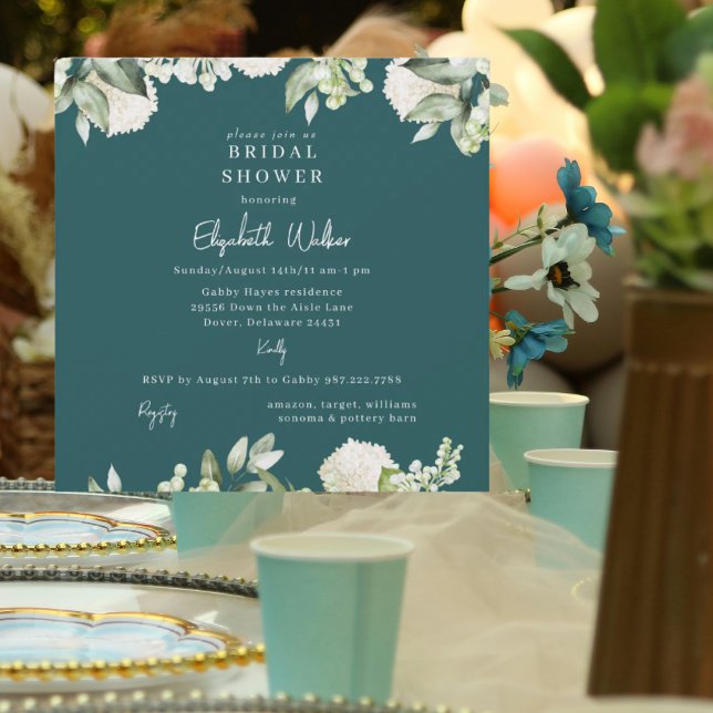 Bridal Shower Teal White Hydrangea Square Invitation (Creator Uploaded)