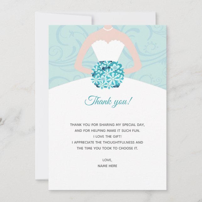 Bridal shower thank you card teal swirl dress (Front)