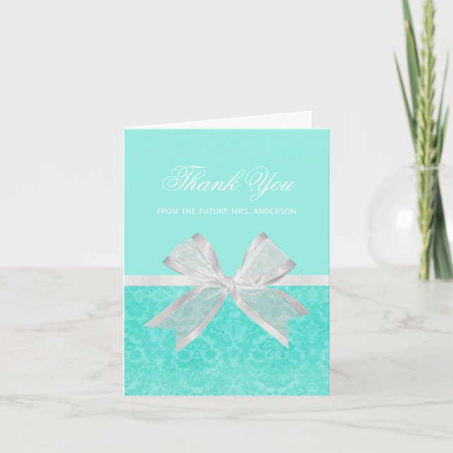 Bridal Shower Thank You Chic Aqua Damask White Bow (Front)