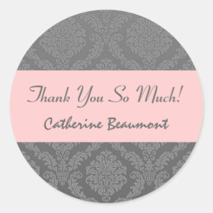 Bridal Shower Thank You Grey and Pink Damask V45 Classic Round Sticker