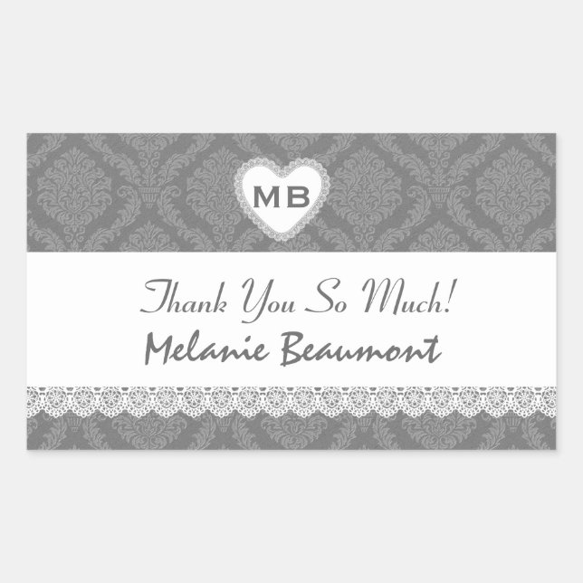 Bridal Shower Thank You Grey Damask V18 Rectangular Sticker (Front)