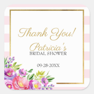 Bridal Shower Thank You Pink & Gold Floral Square Sticker