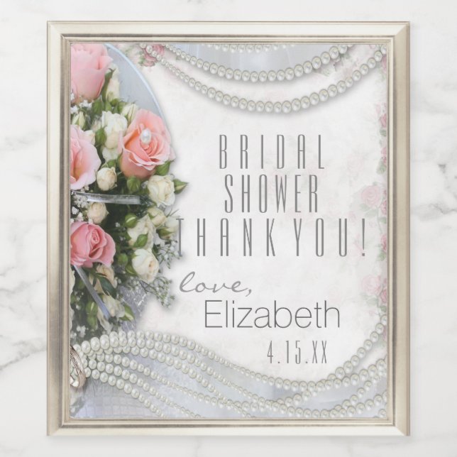 Bridal Shower Thank You Rose and Pearls Wine Label (Single Label)