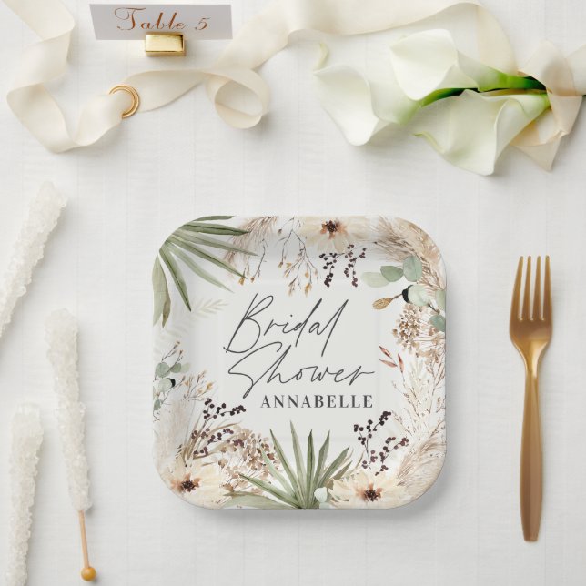 Bridal shower thankyou modern pampas grass foliage paper plate (Wedding)