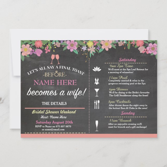 Bridal Shower Toast Floral Pink Chalk Invite (Front)