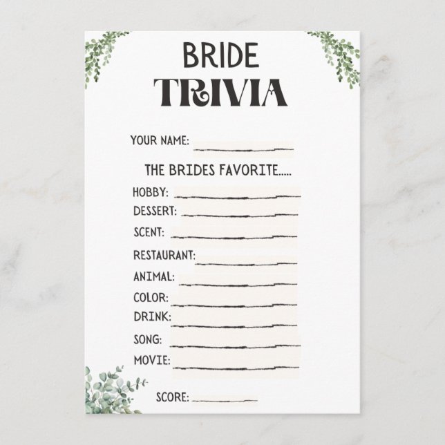 Bridal Shower Trivia Game Card (Front)