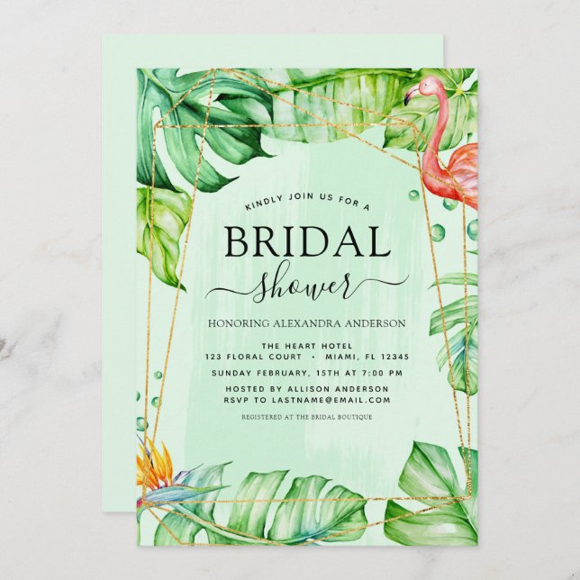 Bridal Shower Tropical Flamingo Palm Watercolor Invitation (Front/Back)