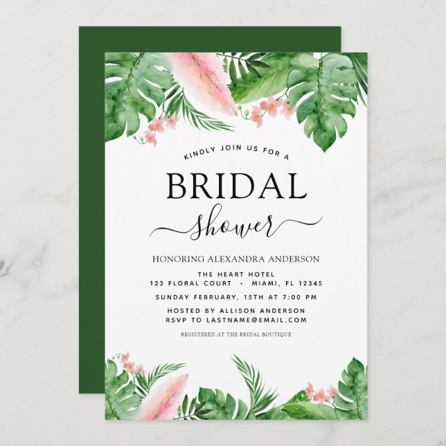 Bridal Shower Tropical Palm Floral Watercolor Invitation (Front/Back)
