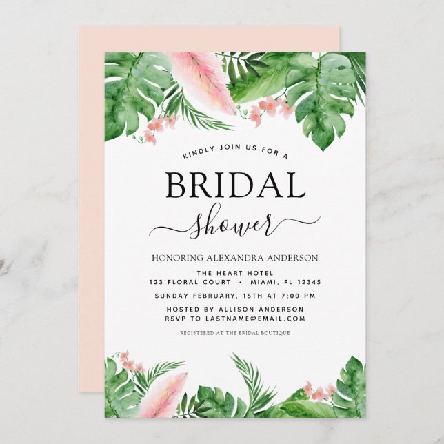 Bridal Shower Tropical Palm Floral Watercolor Invitation (Front/Back)