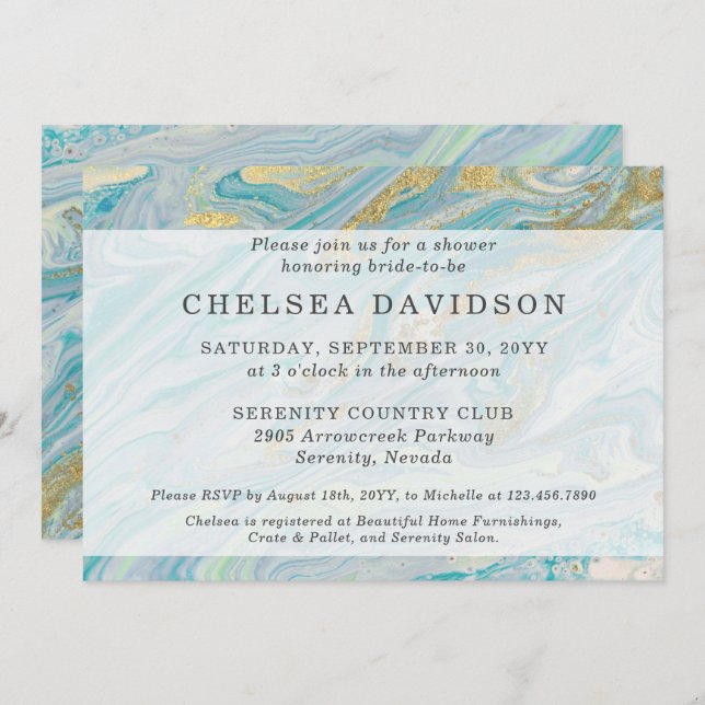 Bridal Shower Turquoise & Gold Marble Swirl Geode Invitation (Front/Back)