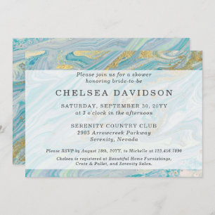 Bridal Shower Turquoise & Gold Marble Swirl Geode Invitation