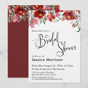 Bridal Shower Typography Burgundy Red Floral Invitation