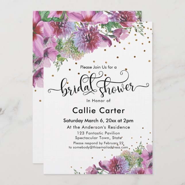 Bridal Shower Typography Wildflower Gold Confetti Invitation (Front/Back)