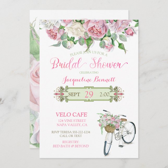 Bridal Shower Vintage Bicycle Basket Pink Roses Invitation (Front/Back)